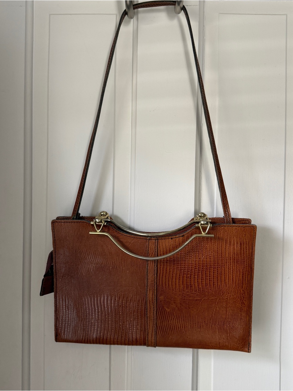 Vintage Cognac Lizard Embossed Leather Frame Handbag Shoulder Bag Metal Handles